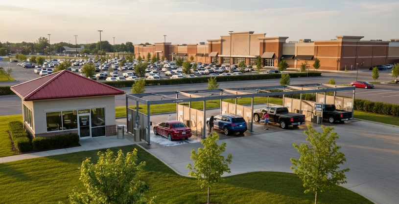 Modern car wash facility with multiple washing bays